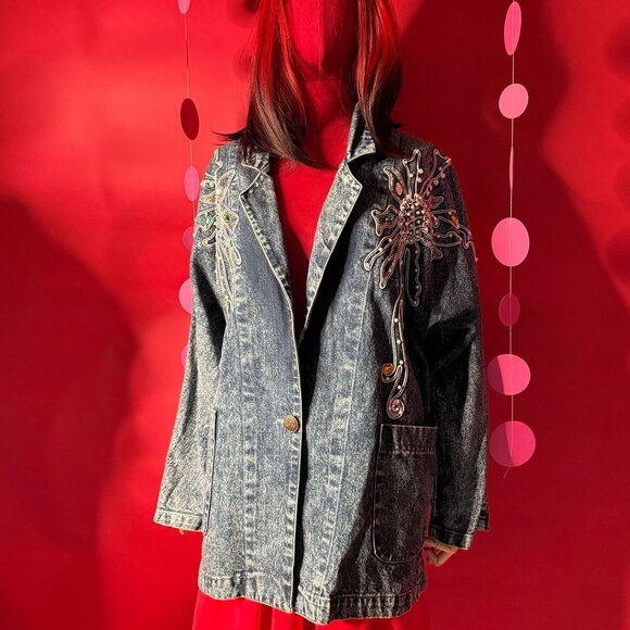 Vintage 1980s Denim Jacket with Beaded & Sequin Embroidery – Golden River Tae Ya - Picture 1 of 12